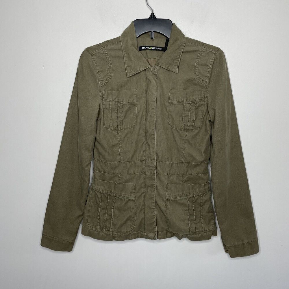 DKNY Womens Olive Green Corduroy Full-Zip Fitted Utility Jacket  Cotton Sz S